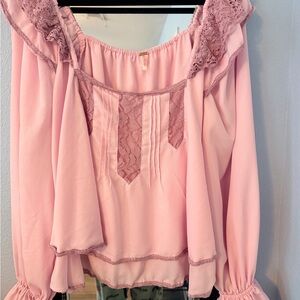 Free People Blush Lace Trim Blouse